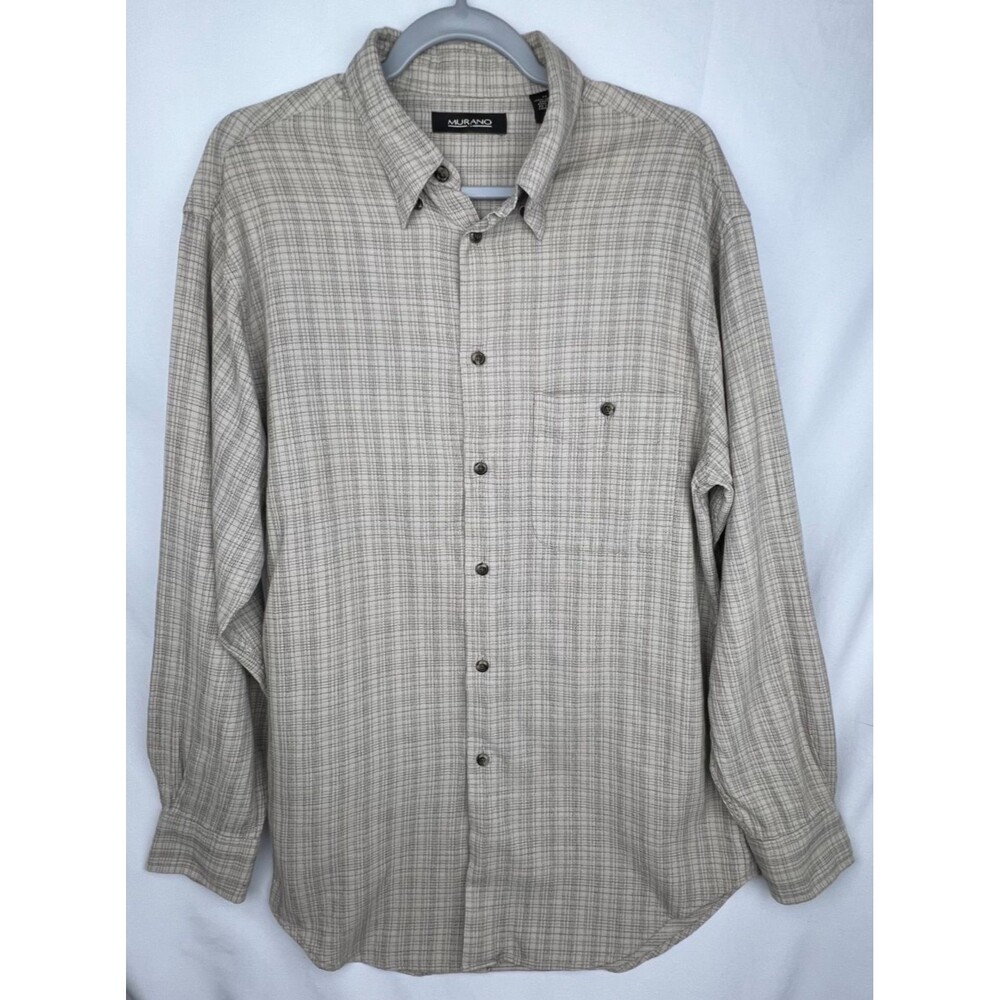 VTG Murano Men's M Beige Grid Textured Button Up Shirt Long Sleeve 100% Cotton